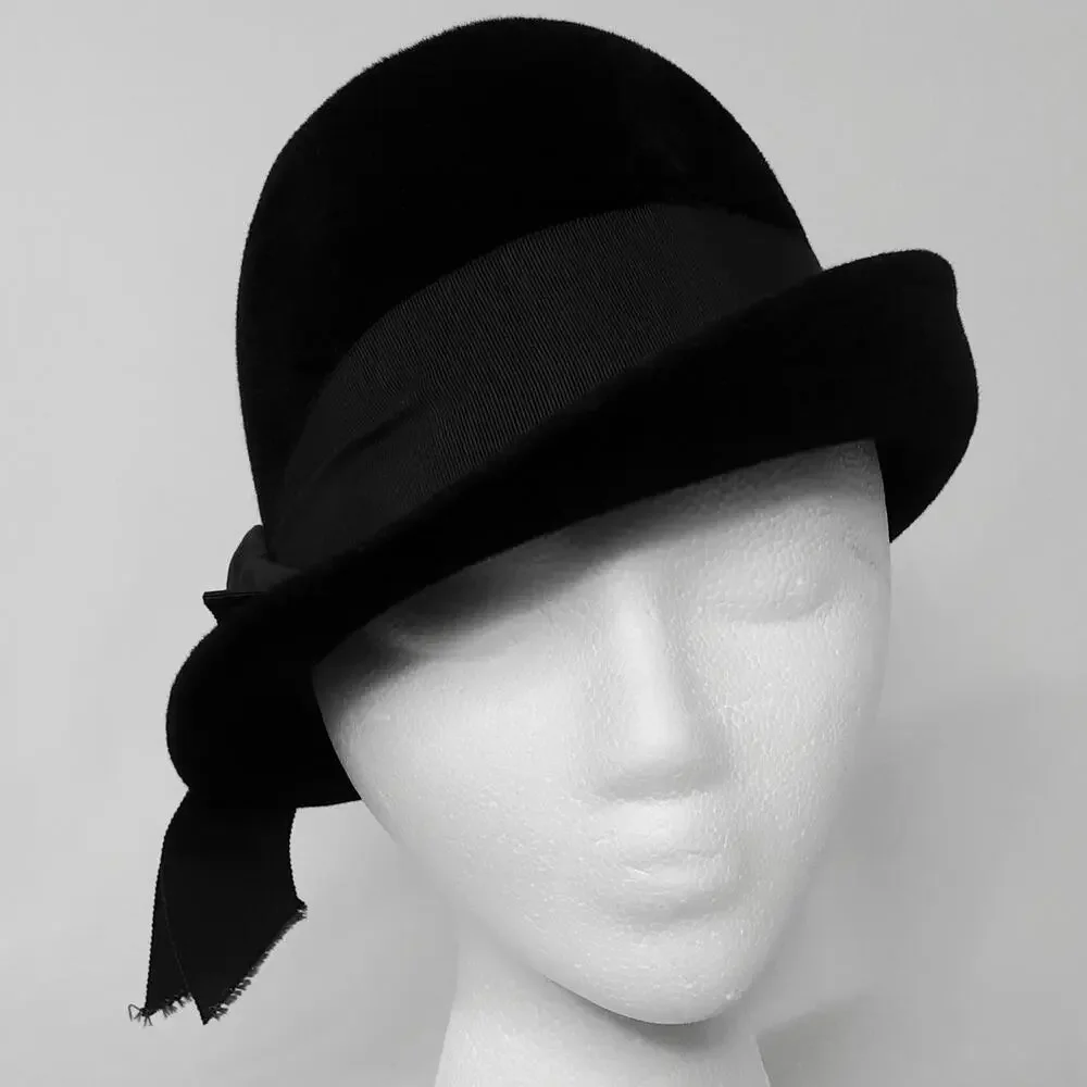 💎Le Charme Black Wool Felt Cloche Hat Asymmetrical Brim Large Side Bow